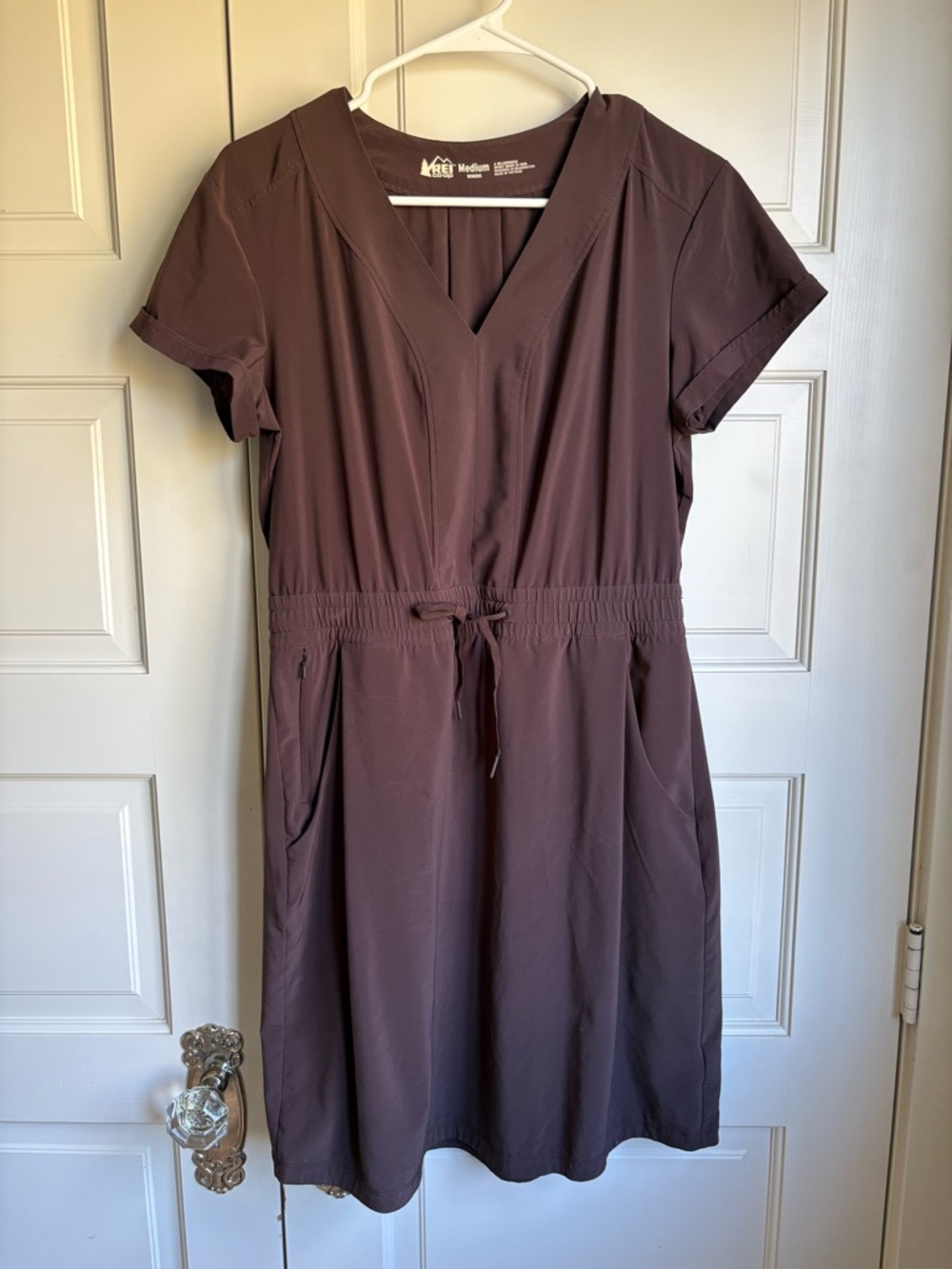 REI Short-Sleeve V-Neck Drawstring Midi Dress in Deep Brown